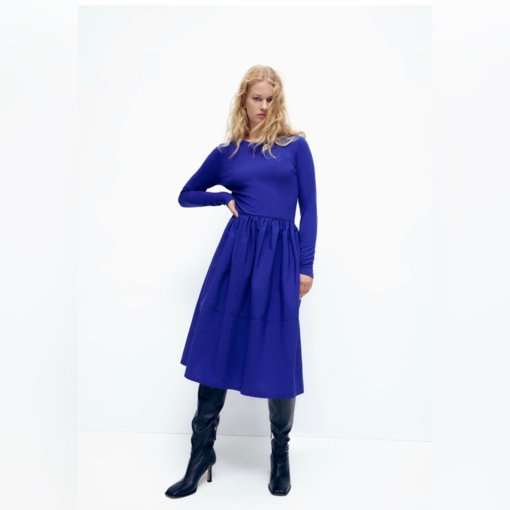 Zara COMBINATION LONG SLEEVE DRESS. Blue. Medium. NWT